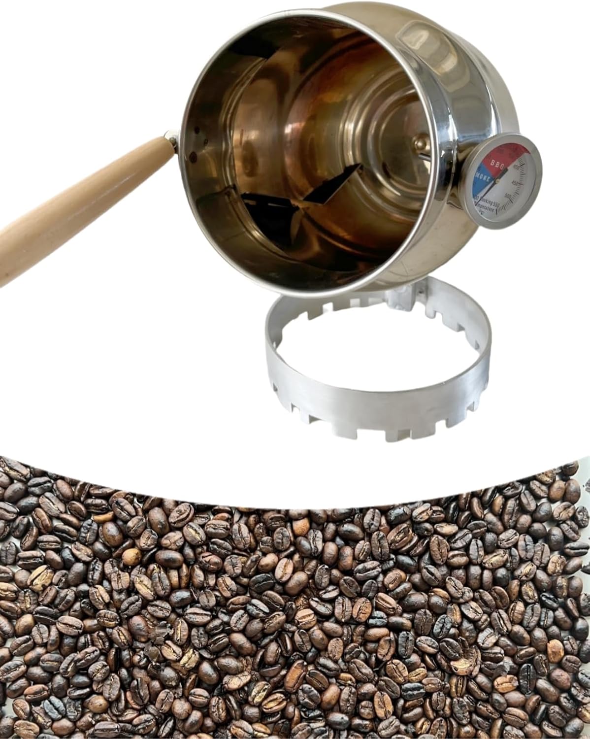 Hand-Crank Coffee Roaster — Stainless steel construction with a built-in thermometer; features a wide-opening design for easy monitoring of the roasting process; compatible with home gas stoves and BBQ grills—no electricity required.